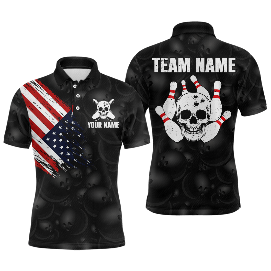 Skull US Flag Bowling Shirt for Men Personalized Patriotic Bowling Team Jersey Shirts Polo & Quarter-Zip HNT31
