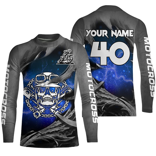 Adult&Kid Blue Skull Custom Dirt Bike Jersey Motocross Jersey Upf30+ Motocross Shirt| CTP86
