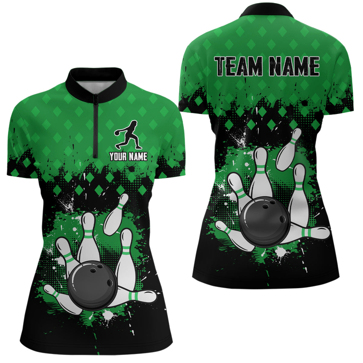 Custom Green Bowling Jersey For Men Bowling Shirt Team Bowling Quarter-Zip Shirt CP09