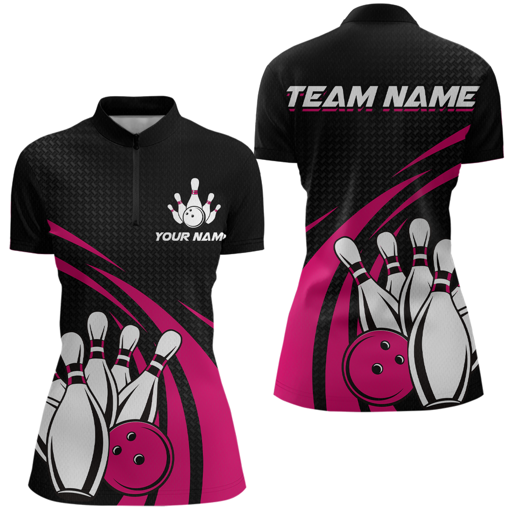 Pink Bowling Jersey Women Custom Bowling Team Shirts Unisex Bowling Women Short Sleeve Quarter-zip Shirt CP29