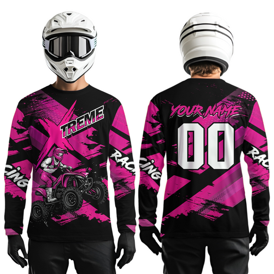 Custom Pink Quad Bike Jersey Motocross Shirt for Men Women Youth ATV Extreme Off-Road UPF30+ NHN012