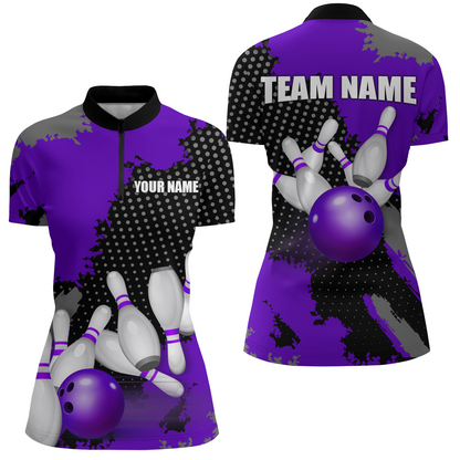 Purple Bowling Jersey Men Women Custom Bowling Team Shirts Unisex Bowling Polo Quarter-zip CP27