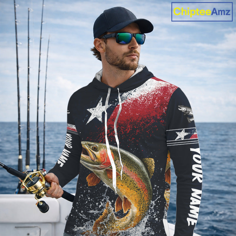 Custom Vintage Rainbow Trout Long Sleeve Hooded Patriotic Fishing Shirt For Men, Trout Texas Flag Fishing Shirt NHT766