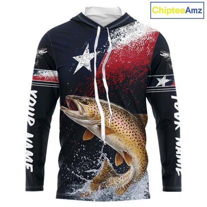 Custom Vintage Brown Trout Long Sleeve Hooded Patriotic Fishing Shirt For Men, Trout Texas Flag Fishing Shirt NHT767
