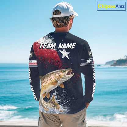 Custom Vintage Brown Trout Long Sleeve Patriotic Fishing Shirt For Men, Trout Texas Flag Fishing Shirt NHT767