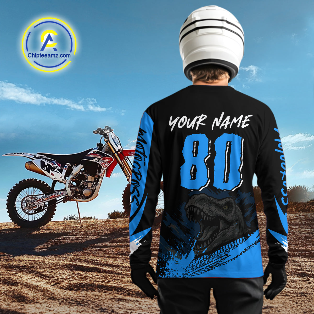 Blue Dinosaur Motocross Racing Jersey UPF30+ MX Racing Dirt Bike Jersey Kid Men Women DNT05