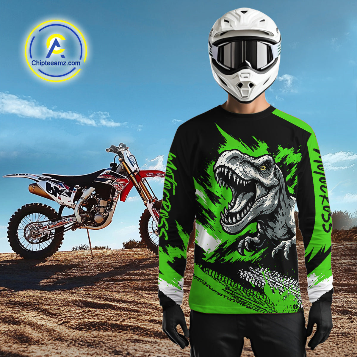 Green Dinosaur Motocross Racing Jersey UPF30+ MX Racing Dirt Bike Jersey Kid Men Women DNT05