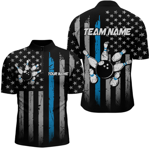 US Blue Flag Bowling Shirt for Men Custom Name Polo & Quarter-Zip Bowling Jersey Bowling Team Shirt HNT23
