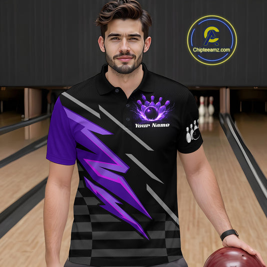 Black and Purple Lightning Bowling Polo, Quarter Zip Shirt for Men Custom Bowling Team League Jersey NQS10907