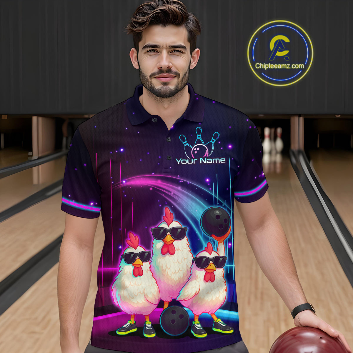 Neon Funny Family of Three Chicken Bowling Team Shirt for Men Bowling League Jersey QZT761
