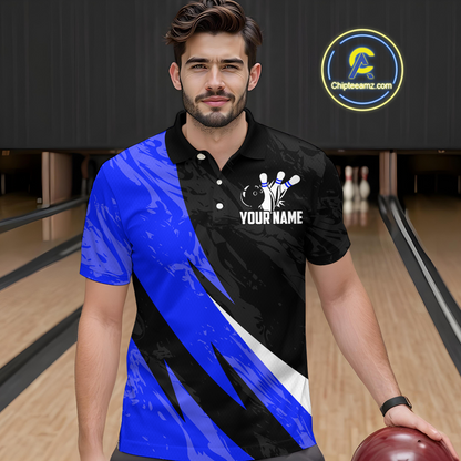 Custom Blue Bowling Custom Men Bowling Shirt Polo & Quarter-Zip Bowling Team Jerseys HNT75