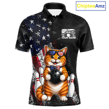 Load image into Gallery viewer, Men polo shirt with a cat bowling design and American flag pattern, featuring 'Chiptee Amz' branding.