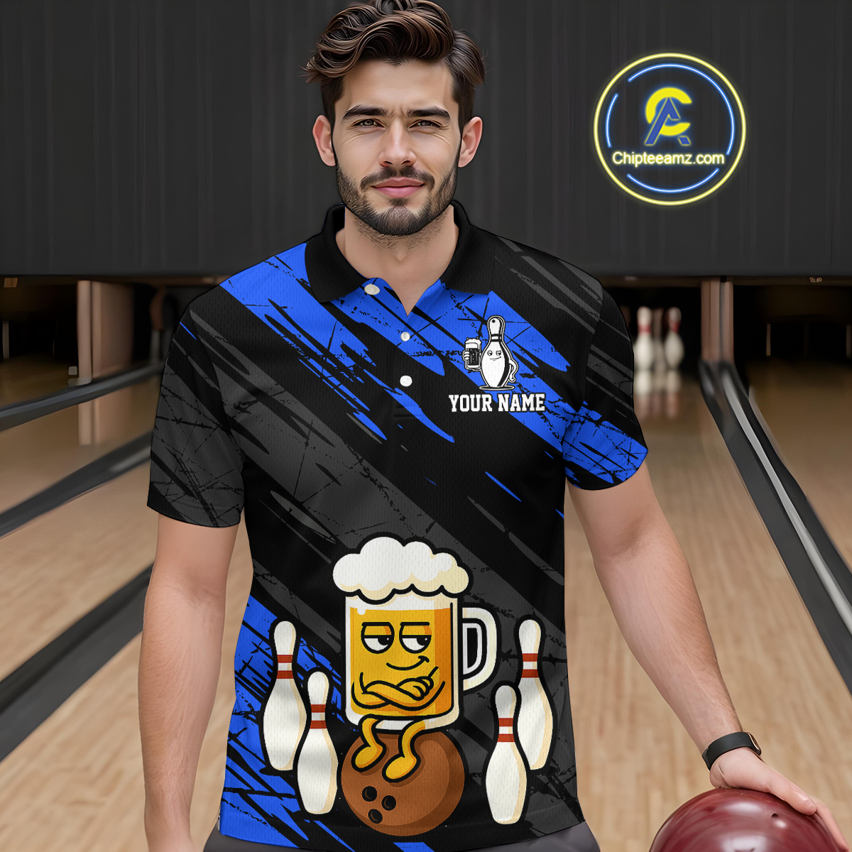 Custom Blue Funny Beer Bowling Jersey for Men Bowling Uniform Polo & 1/4 Zip Bowling Team Shirts HNT107