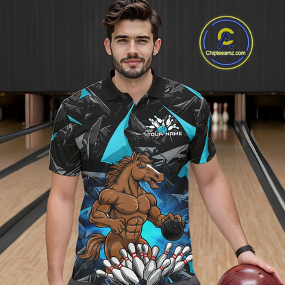 Custom Turquoise Funny Horse Bowling Jersey for Men Bowling Team Shirts Bowling League Polo & 1/4 Zip HNT183