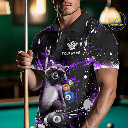 Custom Purple Funny Raccoon Billiard Shirt for Men 8 Ball Pool Billiard Jersey Polo & 1/4-Zip BHT5