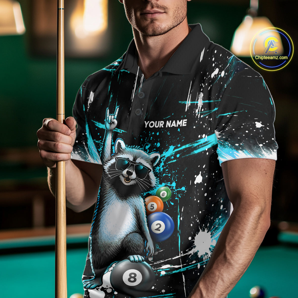 Custom Turquoise Funny Raccoon Billiard Shirt for Men 8 Ball Pool Billiard Jersey Polo & 1/4-Zip BHT5