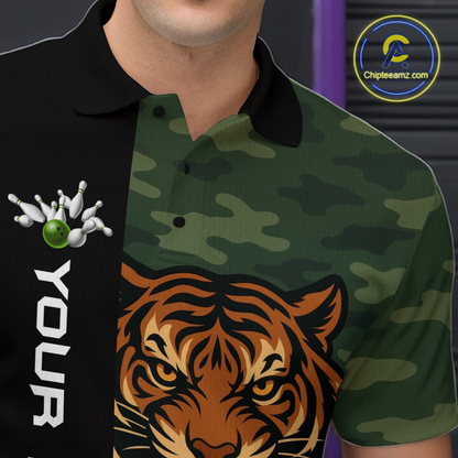 Custom Tiger Bowling Shirts for Team Women Men Camo Green Bowling Polo & 1/4 Zip Shirt MBL184