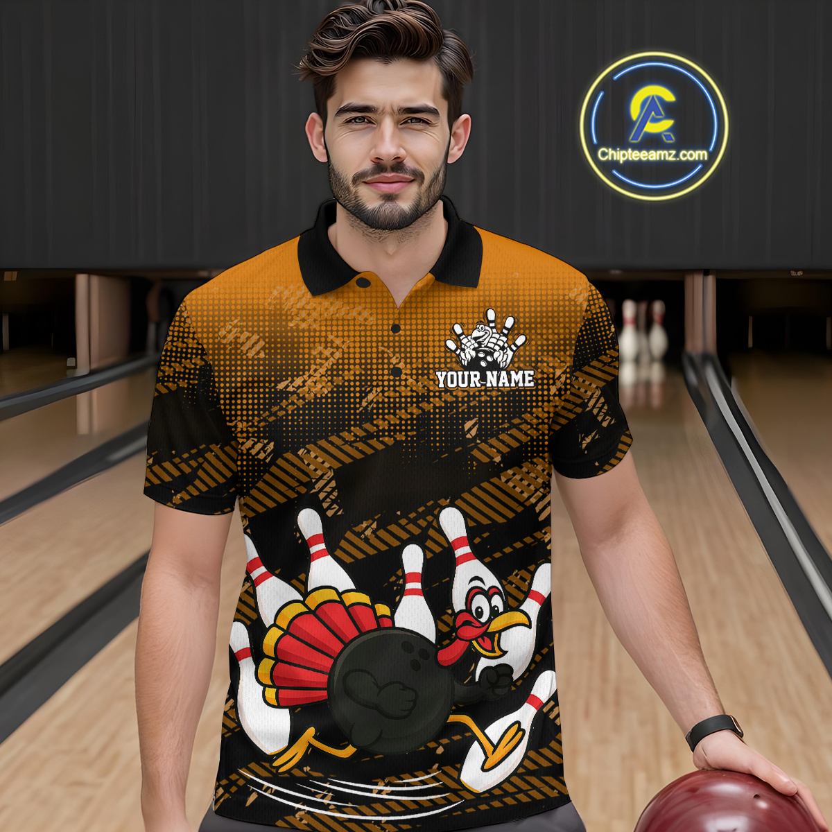 Custom Orange Funny Turkey Bowling Jersey for Men Thanksgiving Bowling Team Shirts Polo & 1/4 Zip HNT125