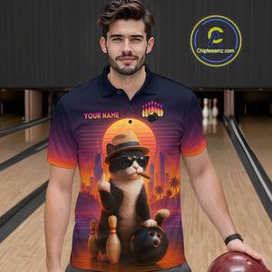 Custom Funny Cat Bowling Jersey for Men Bowling Uniform Polo & 1/4 Zip Bowling Team Shirts HNT114