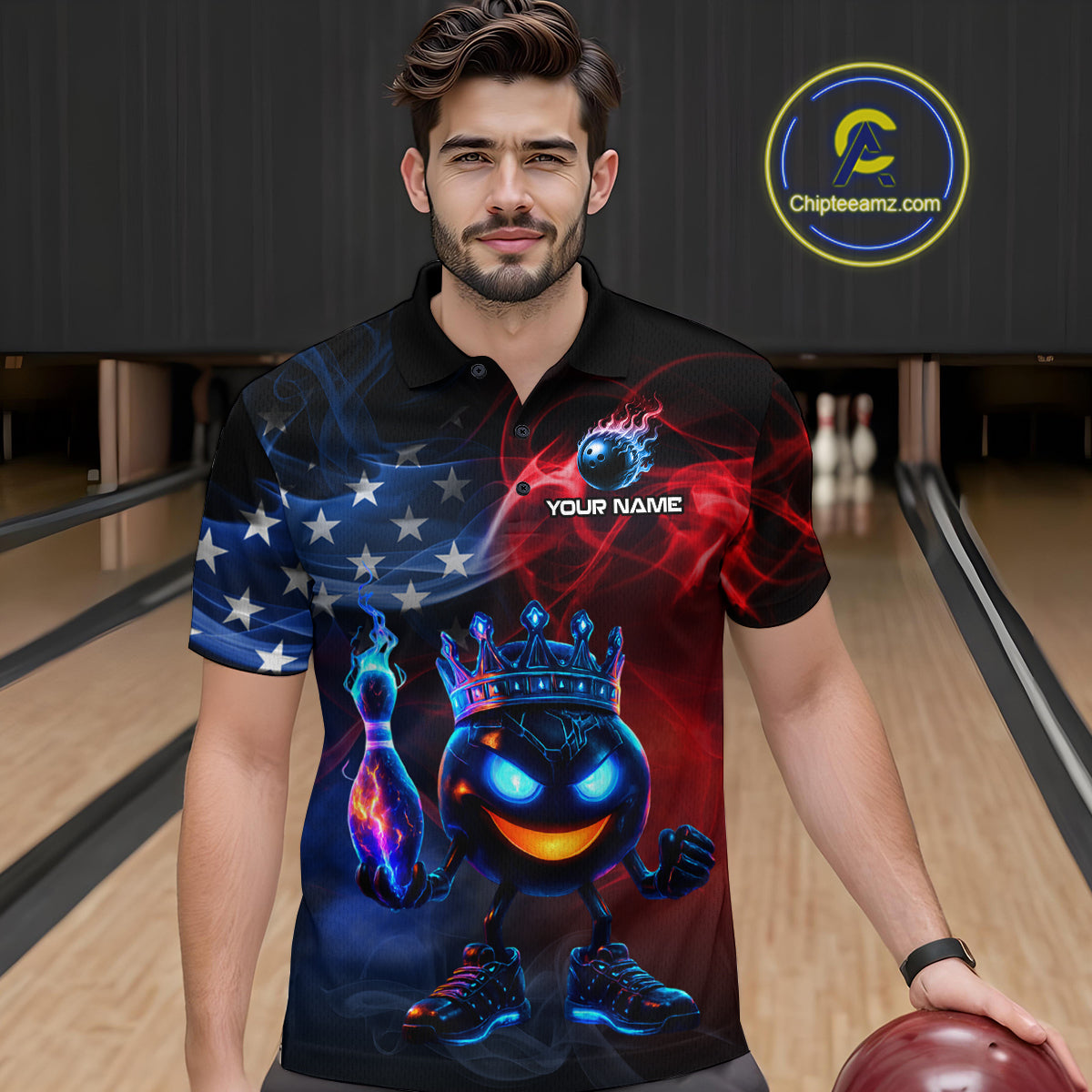 Custom American Flag Bowling Shirt Hero Bowling Ball Pin Polo & 1/4 Zip Bowling Jersey for Men QZT800