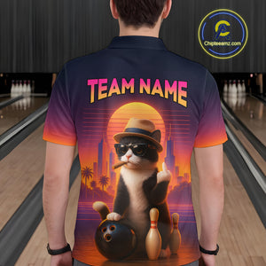 Custom Funny Cat Bowling Jersey for Men Bowling Uniform Polo & 1/4 Zip Bowling Team Shirts HNT114