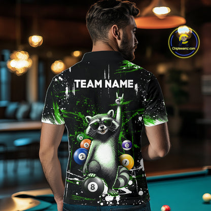 Custom Green Funny Raccoon Billiard Shirt for Men 8 Ball Pool Billiard Jersey Polo & 1/4-Zip BHT5