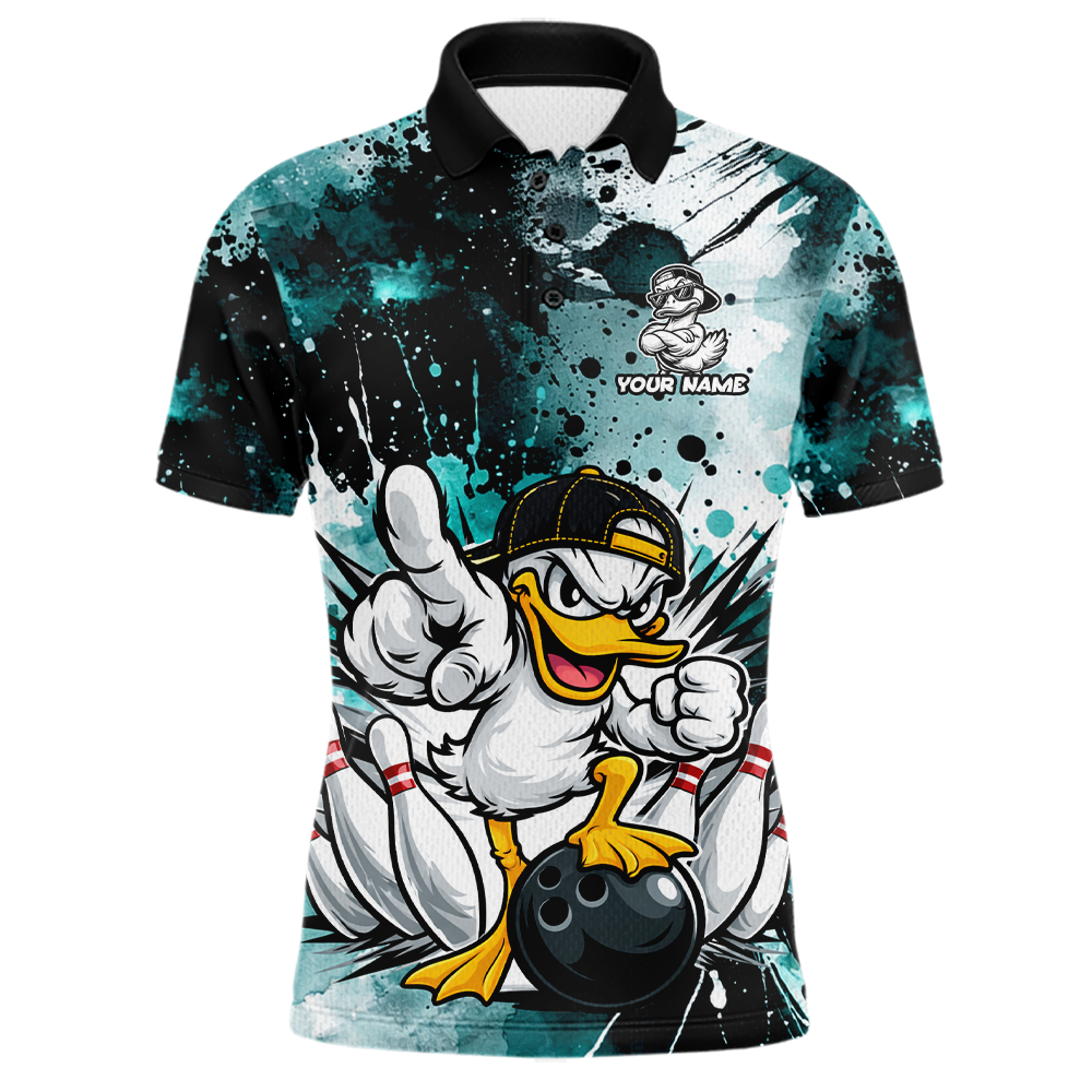 Custom Teal Funny Duck Bowling Jersey for Men Bowling Uniform Polo & 1/4 Zip Bowling Team Shirts HNT237