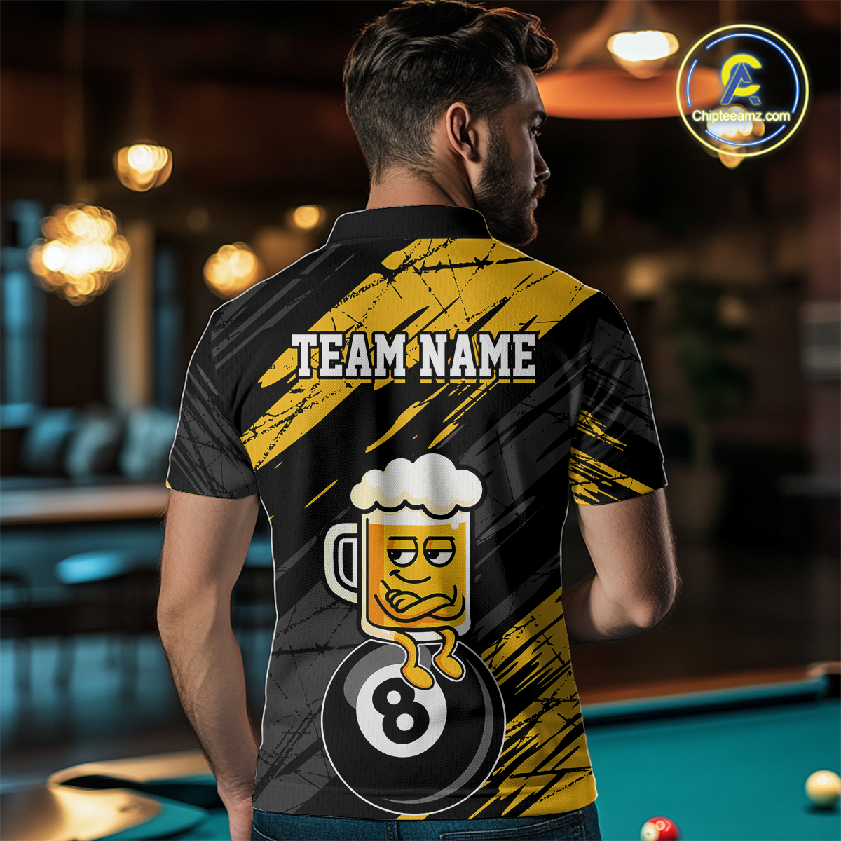 Custom Yellow Funny Beer 8 Ball Billiard Shirts for Men Billiard Team Shirts Polo & 1/4 Zip NNT78
