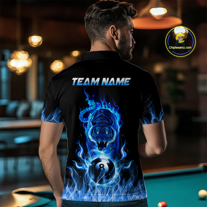 Custom Blue Tiger Flaming 8 Ball Pool Men Billiard Polo & 1/4 Zip Shirts Billiard Team Shirt NNT79