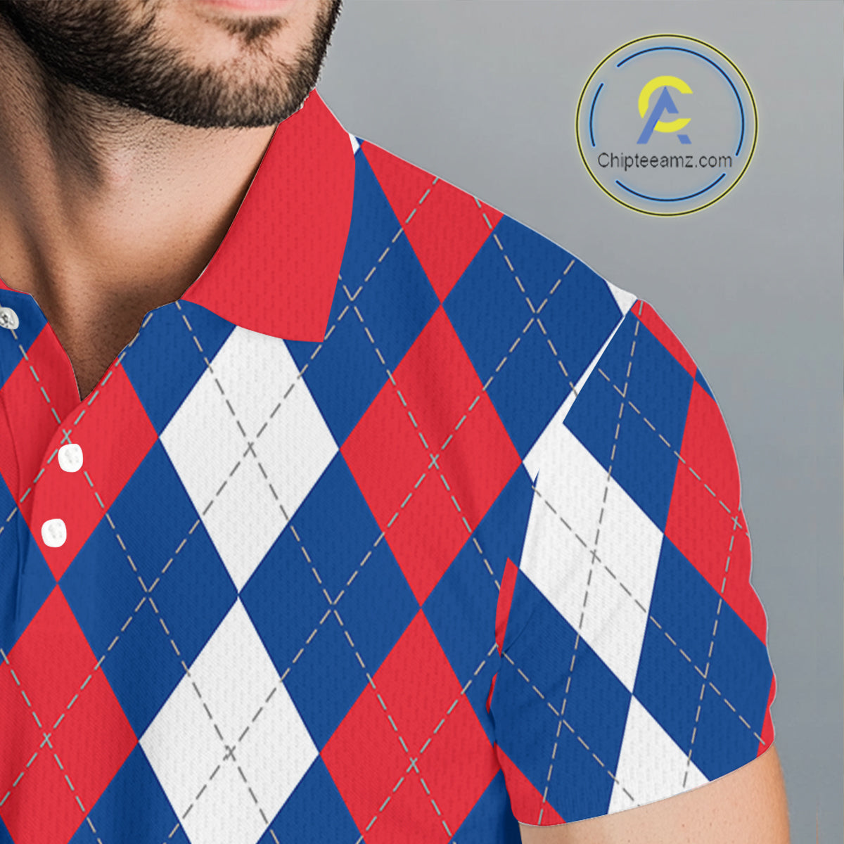 Mens golf polo shirt custom red, white and blue argyle plaid pattern golf attire for men NQS9847