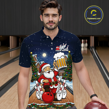 Custom Funny Beer Santa Christmas Bowling Jersey for Men Bowling Team Shirts Polo & 1/4 Zip HNT140