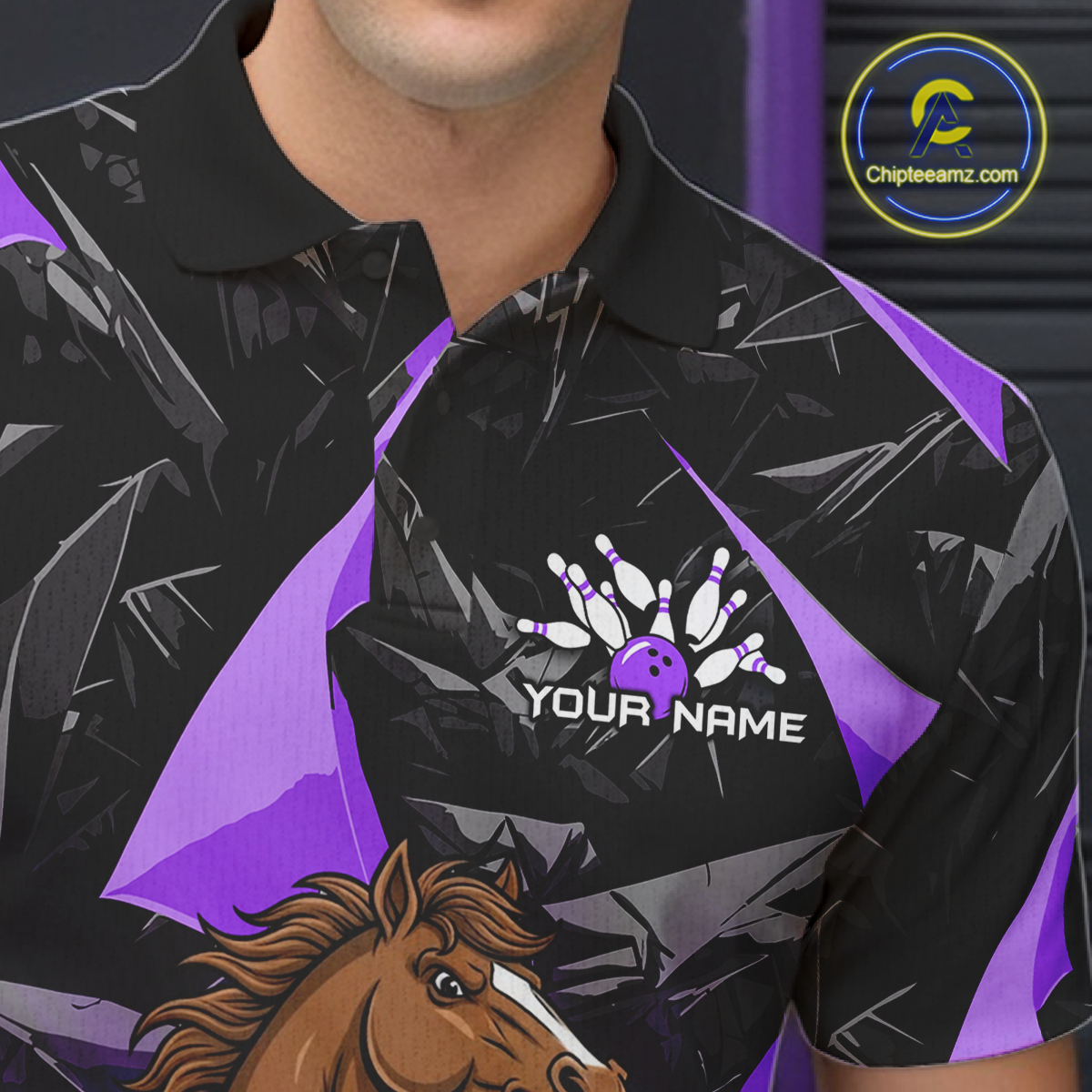 Custom Purple Funny Horse Bowling Jersey for Men Bowling Team Shirts Bowling League Polo & 1/4 Zip HNT183