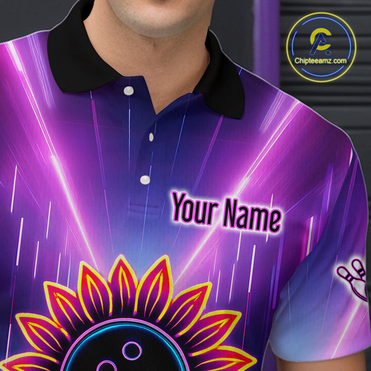 Custom Neon Lightning Sunflower Bowling Shirt Bowling Team Jersey for Men Bowling Polo & 1/4-Zip QZT770