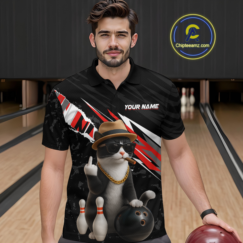 Custom Red Funny Cat Bowling Jersey for Men Bowling Shirt Polo & 1/4 Zip Bowling Team Shirts HNT136