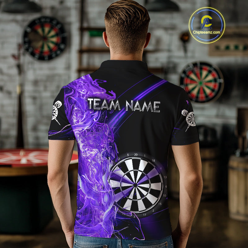 Custom Black And Purple Flame Darts Shirts For Men, Darts Team Jerseys Polo & Quarter Zip Uniform TDM4017