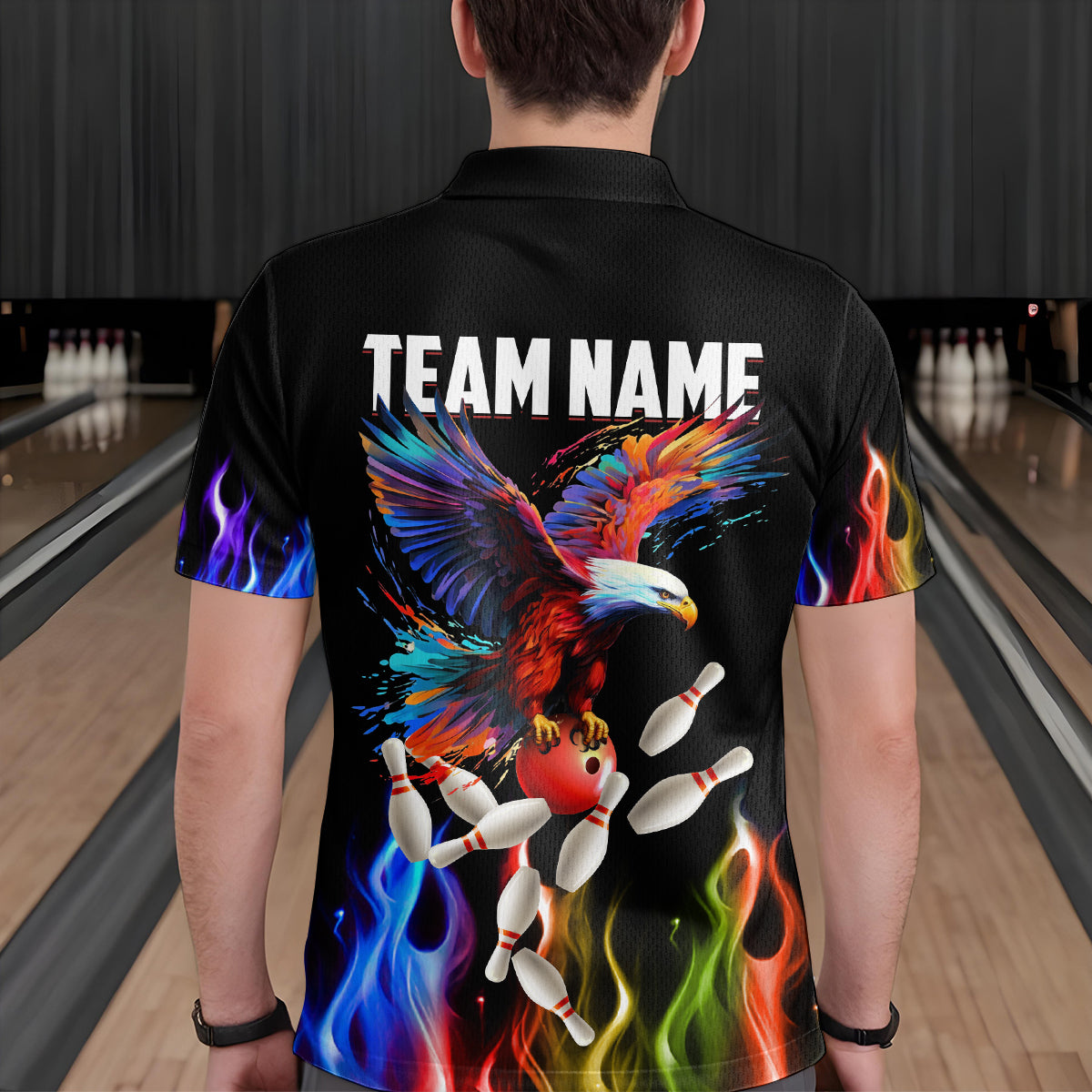 Rainbow Flame Eagle Bowling Team Jersey Personalized Bowling Polo Shirt For Men And Women QZT681