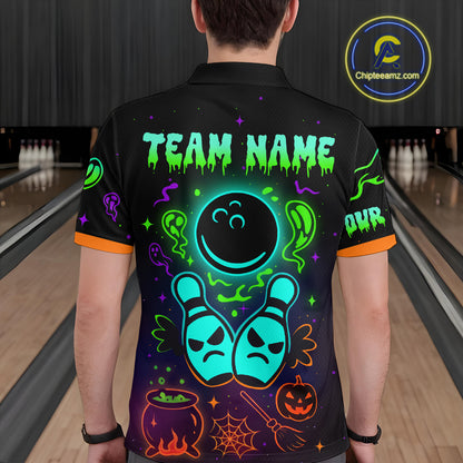 Custom Neon Bowling Team Shirt Halloween Polo & Quarter-Zip Bowling Jersey for Men QZT731