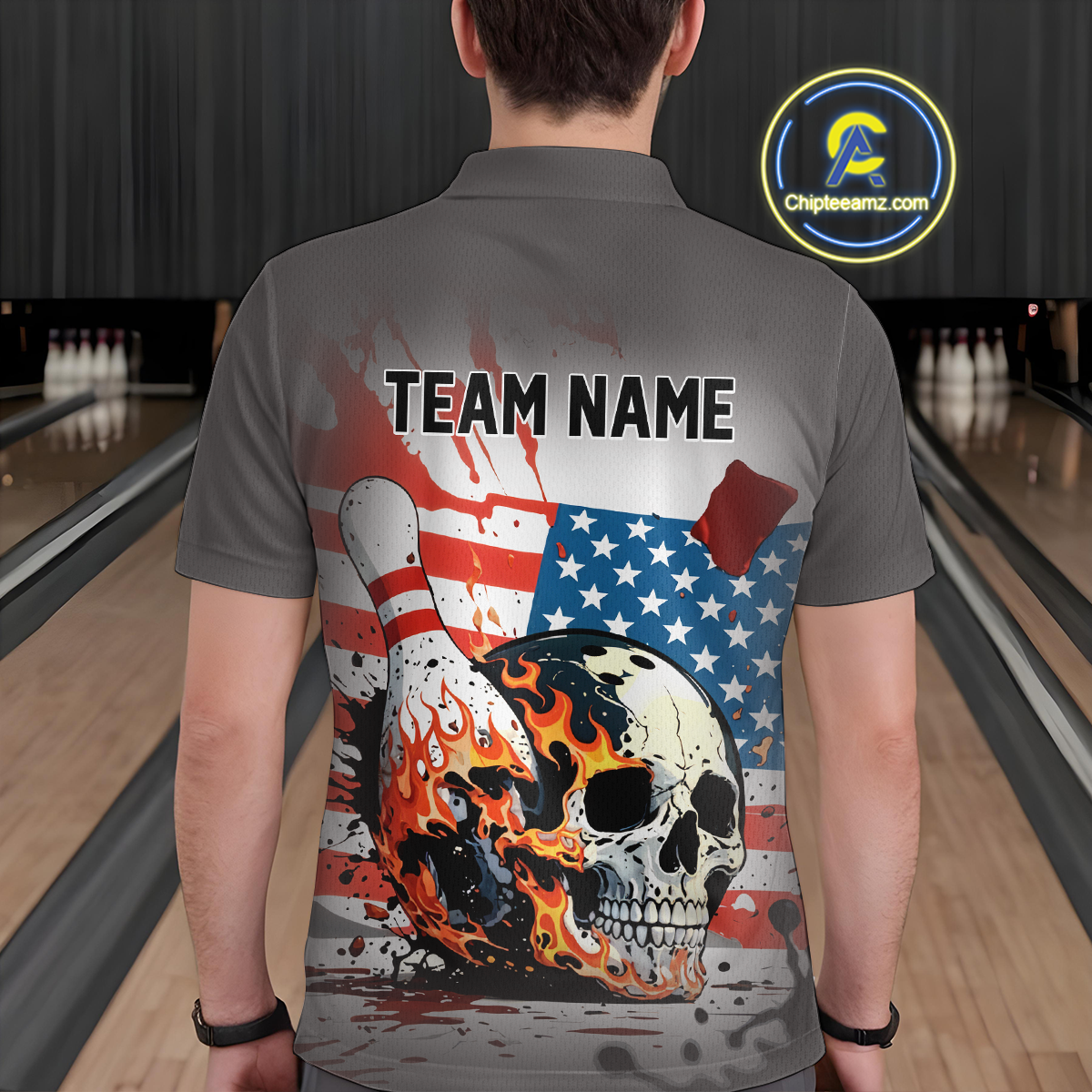 Custom American Flag Skull Flame Bowling Men Polo & 1/4 Zip Shirts Bowling Team Jerseys HNT91