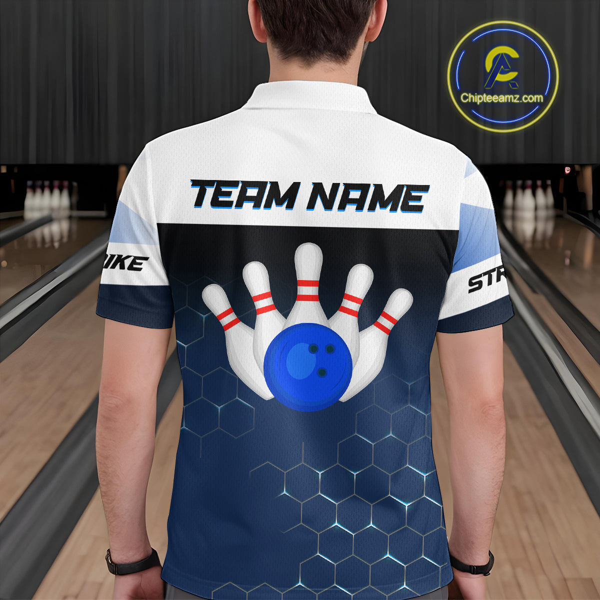 White and Blue Bowling Shirts for Men Women Team Custom Bowling Polo & Quarter Zip MBL105