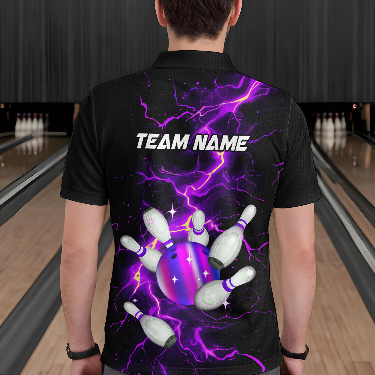 Black and Purple Lightning Bowling Shirts For Men Custom Bowling Team Uniform Bowlers Outfits NQS9597