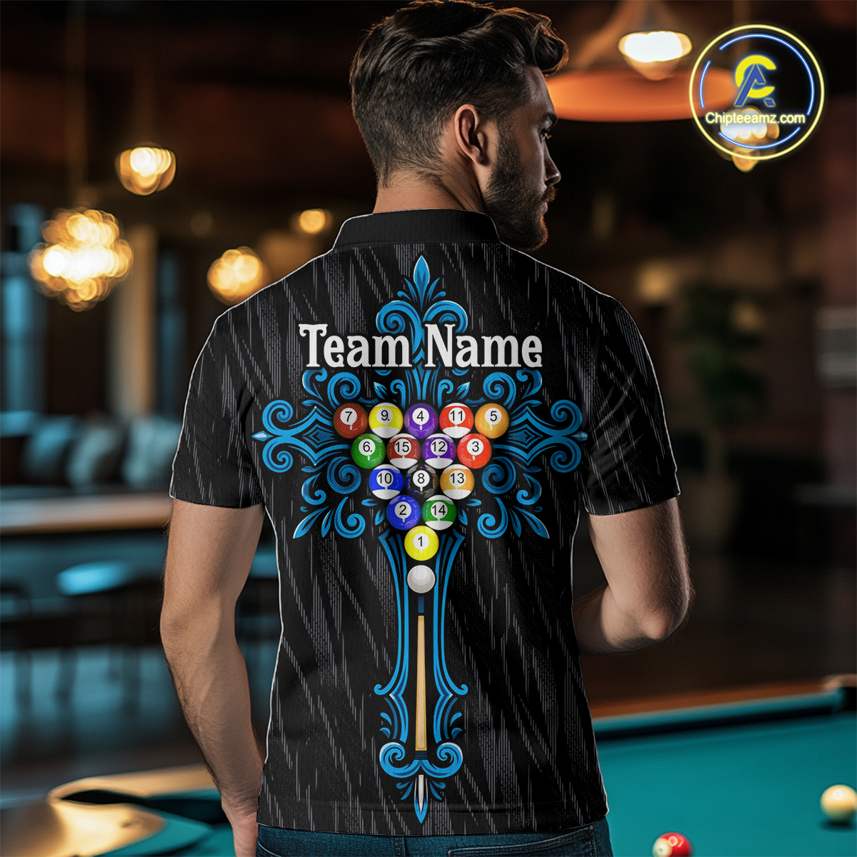 Custom Blue Baroque Pattern Ball Pool Billiard Shirts for Men Team Polo & 1/4 Zip Shirts NNT60