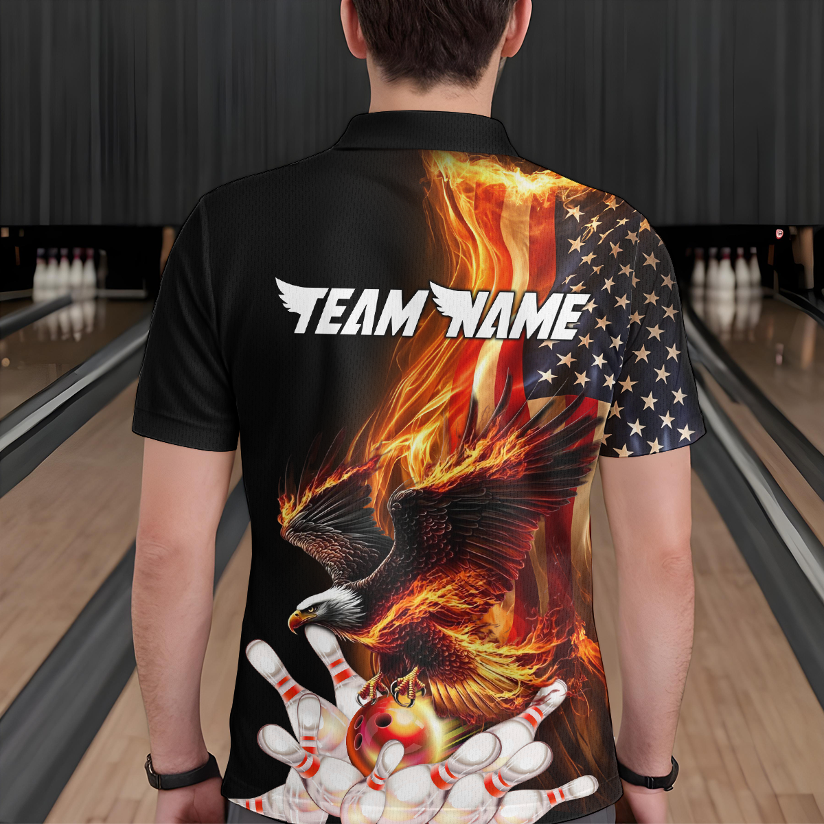 Personalized Flaming US Flag Eagle Bowling Shirt Bowling Jersey for Men Team Polo & 1/4 Zip HNT38