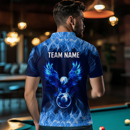 Personalized Blue Eagle Flaming 8 Ball Pool Bliiard Polo & 1/4 Zip, Billiard Shirt for Men Team NNT36