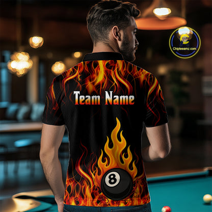 Orange 8 Ball Flame Fire Billiard Shirts For Men Custom Polo & 1/4 Zip Billiard Team Jerseys TDM4012