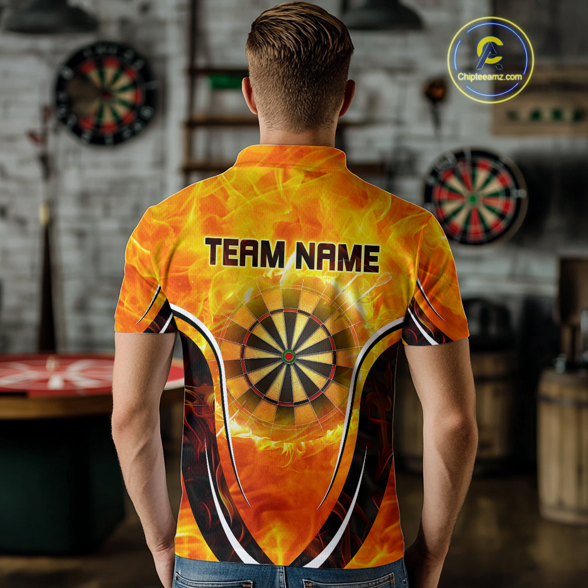Men's Custom Darts Team Shirts With Explosive Flame Dartboard And Geometric Shapes NYN0298