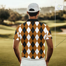 Load image into Gallery viewer, Mens golf polo shirt custom brown argyle plaid pattern golf attire for men NQS9848