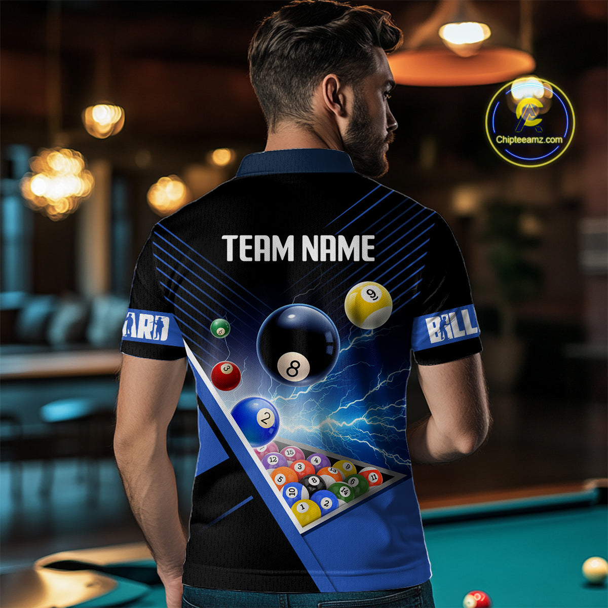 Customized Blue Thunder Lightning Strike Billiard Shirt For Men, Billiard Team Shirt Pool Jerseys TDM4009