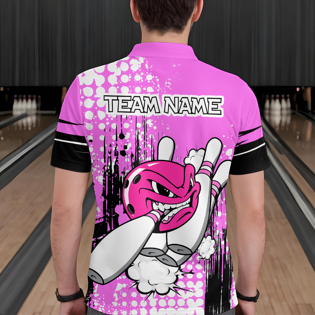 Personalized Pink Funny Crazy Bowling Shirt for Men Polo & Quarter-Zip Bowling Jersey with Team HNT03