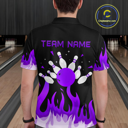 Custom Purple Flame Bowling Shirts for Men Polo & Quarter-Zip Bowling Team Jerseys HNT82