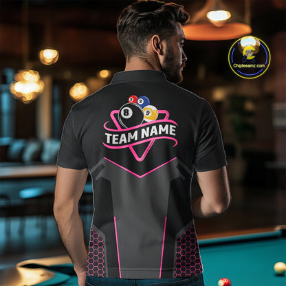 Personalized 8 Ball & 9 Ball Pool Billiard Polo, 1/4 Zip For Men Custom Team Billiard Jersey|Pink TDM4048